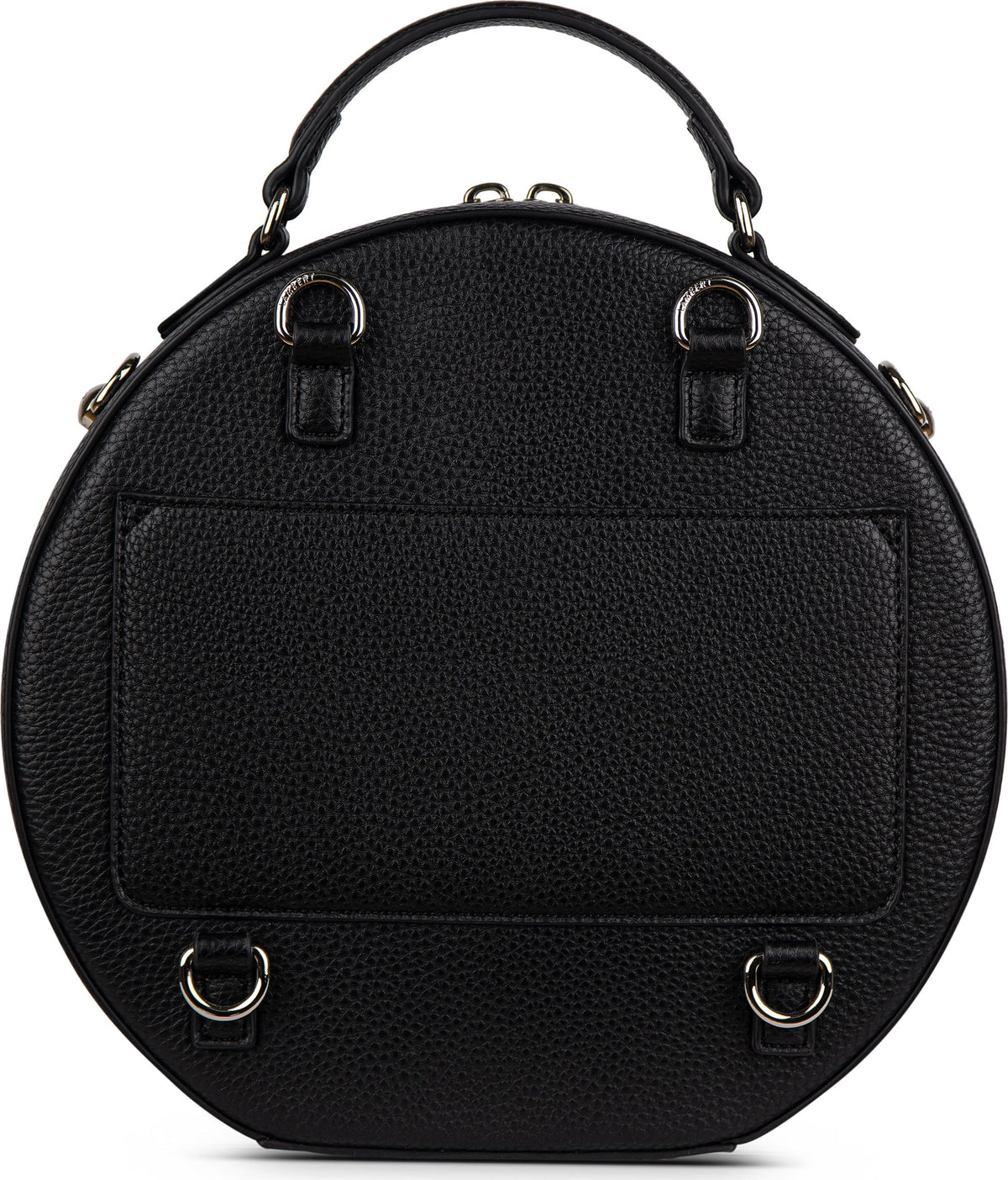 Back view of a black round satchel with a handle, a pocket, and metal hardware.