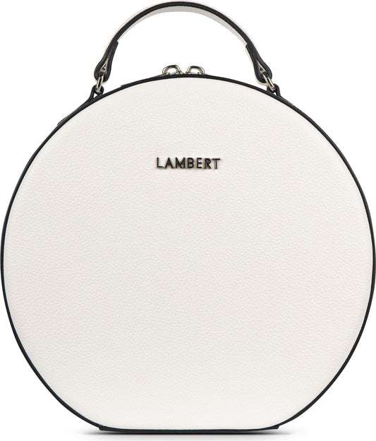 Round white handbag with a top handle and black edges, displaying the word LAMBERT in the center.