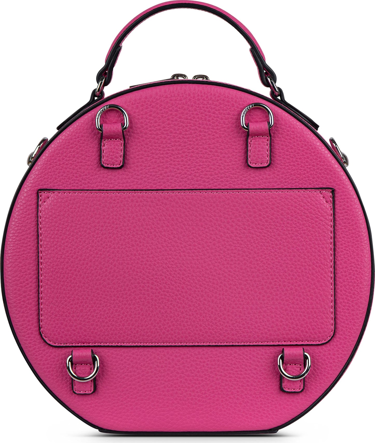 Round fuchsia bag with top handles and silver hardware.