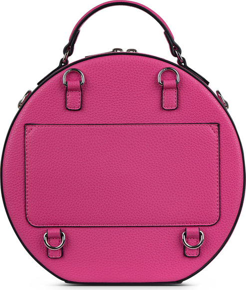 Round fuchsia bag with top handles and silver hardware.
