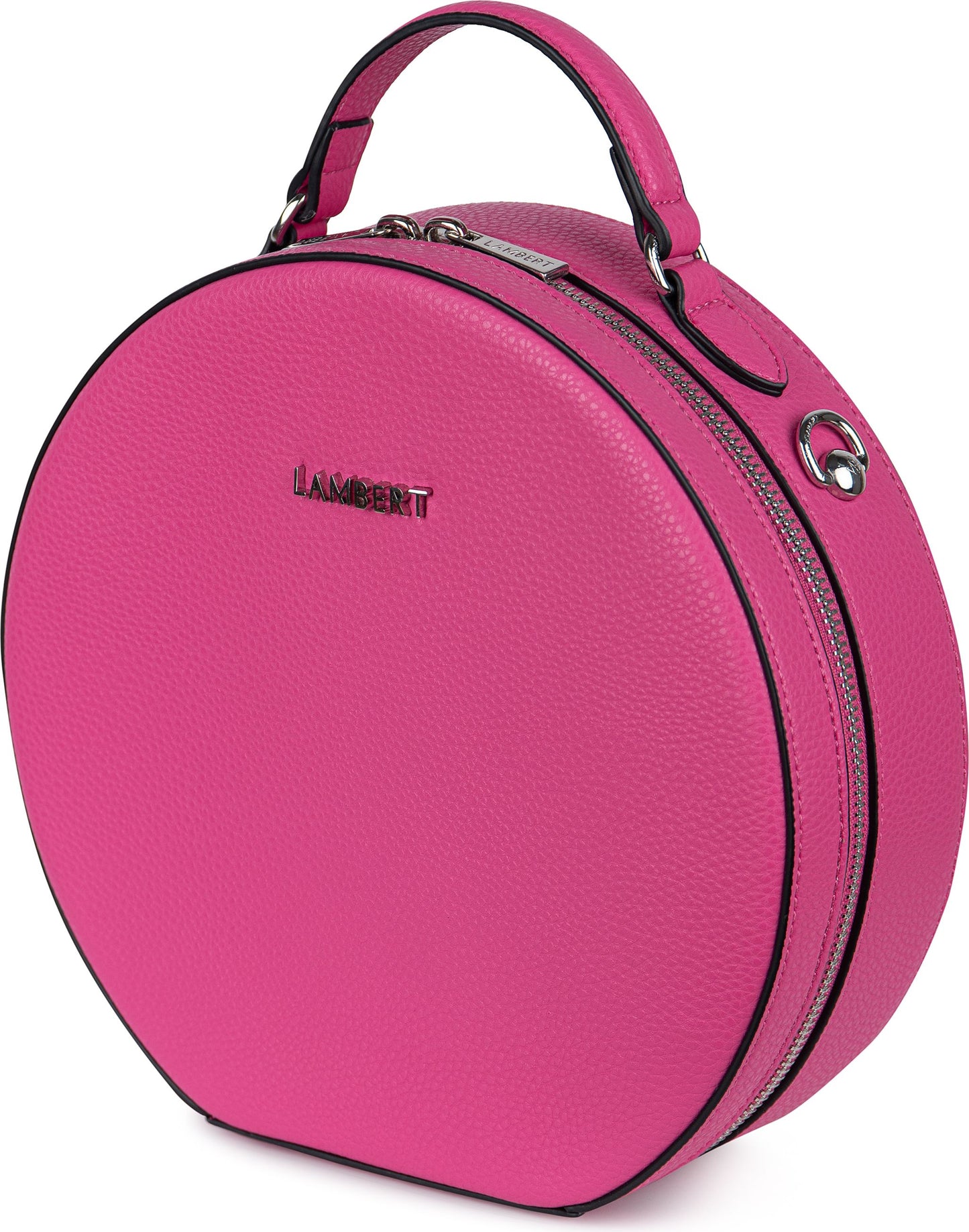 Round, bright pink handbag with a top handle and wraparound zipper.