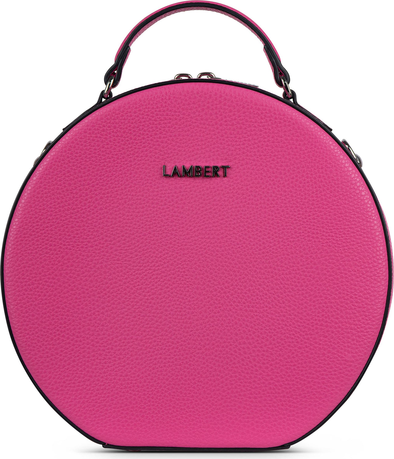 Round, bright pink purse with a top handle and the word LAMBERT on the front.
