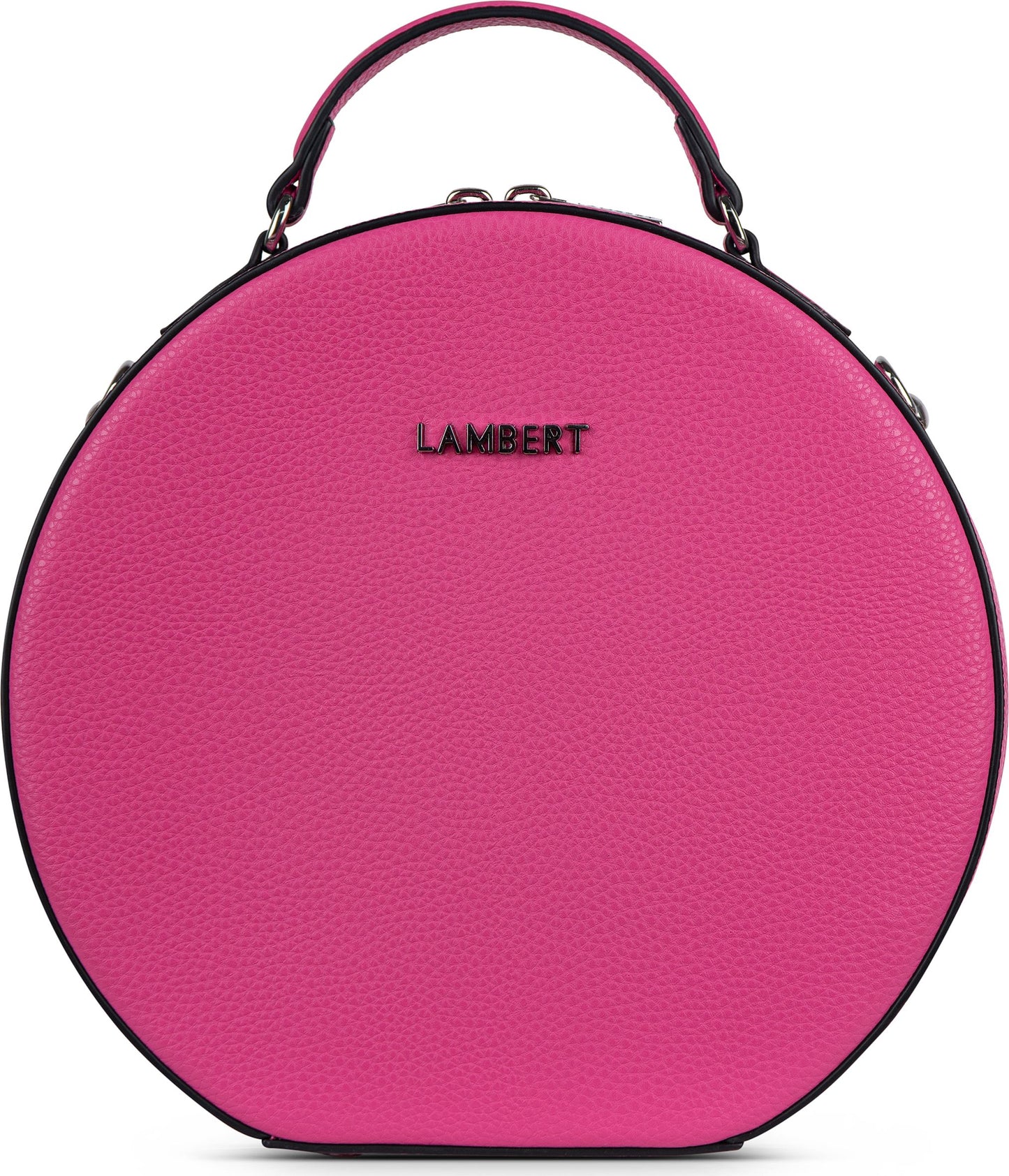 Round, bright pink purse with a top handle and the word LAMBERT on the front.