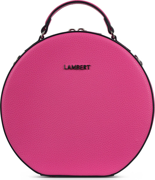 Round, bright pink purse with a top handle and the word LAMBERT on the front.