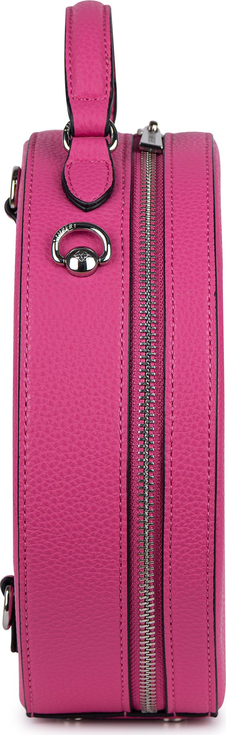 Side view of a pink, box-shaped handbag with a handle and zipper.