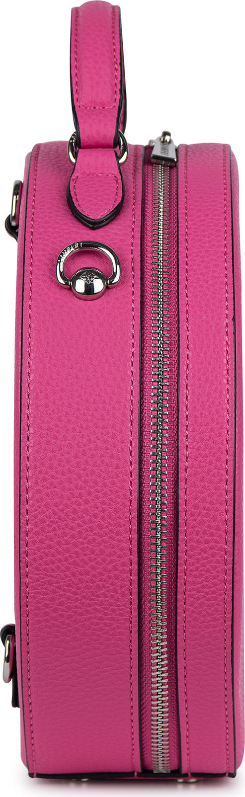 Side view of a pink, box-shaped handbag with a handle and zipper.