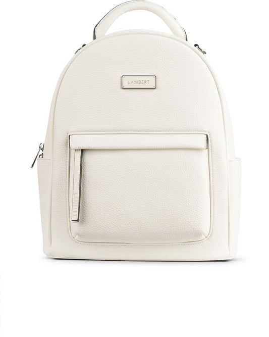 White backpack with handle and front pocket; tag reads 'LANETTI'.