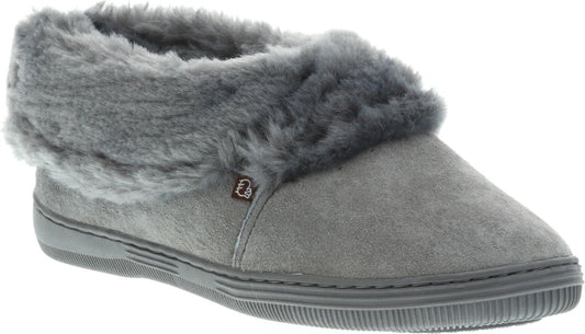 Gray slipper bootie with fluffy gray cuff and flat sole.