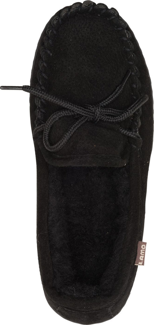 A close up on a black suede slipper with black laces.