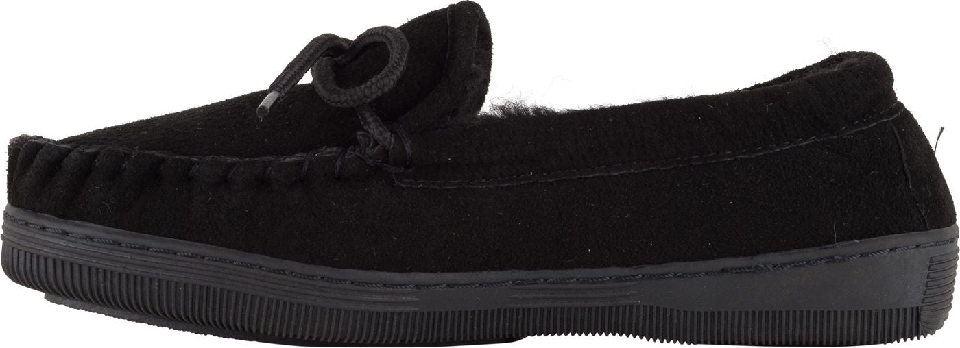 Black moccasin slipper with faux fur lining and tie detail.