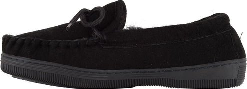 Black moccasin slipper with faux fur lining and tie detail.