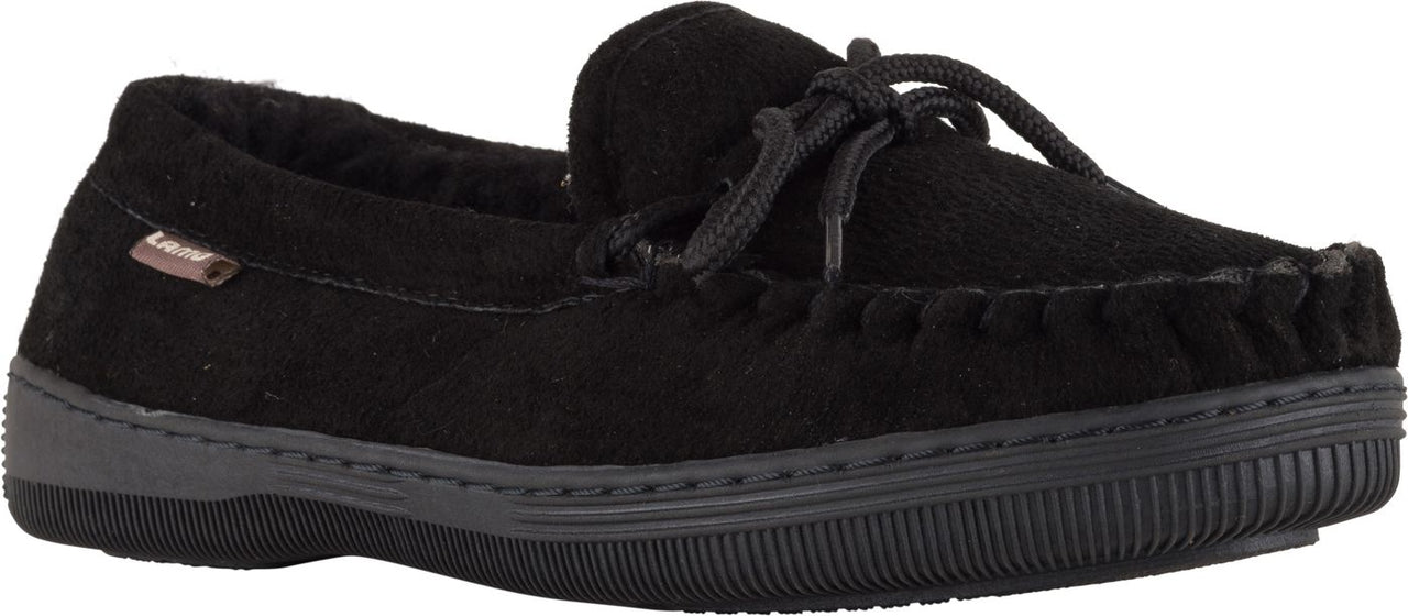 A black moccasin slipper with a tie.