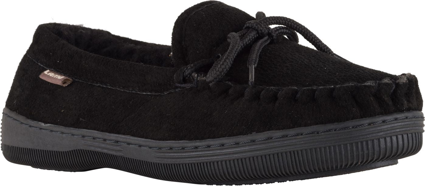 A black moccasin slipper with a tie.