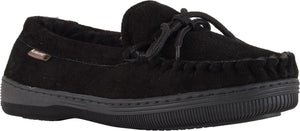 A black moccasin slipper with a tie.
