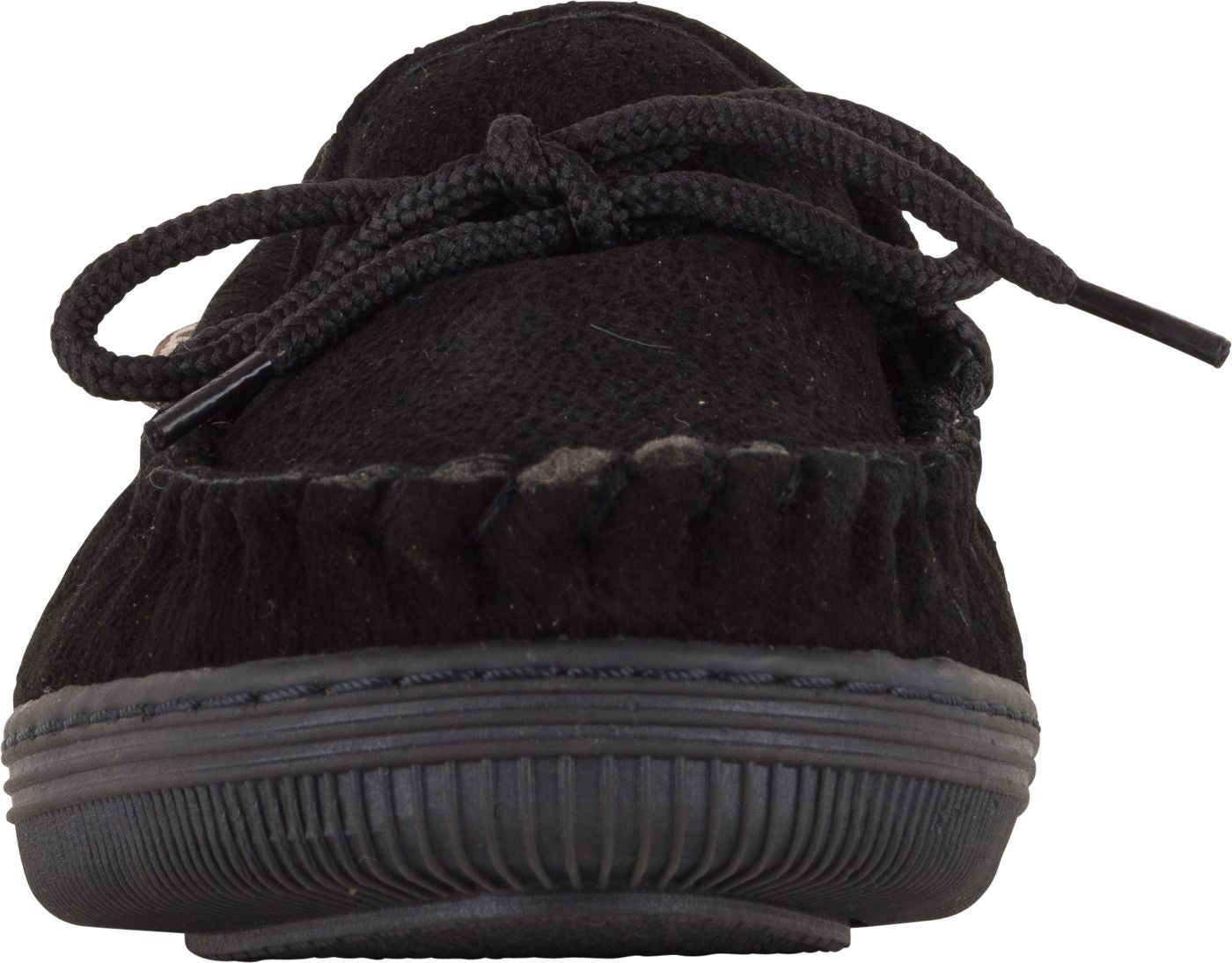 Black moccasin slipper with tie closure.