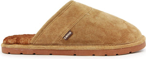 Tan suede slipper with a brown sole and fur lining.