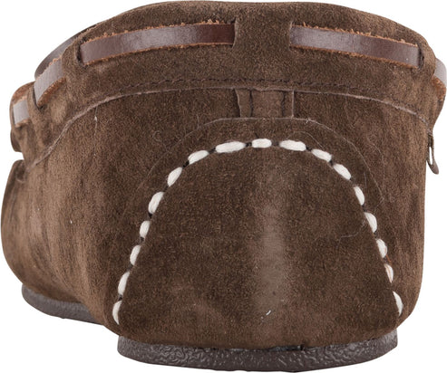 Close-up of the back of a brown suede loafer with white stitching.
