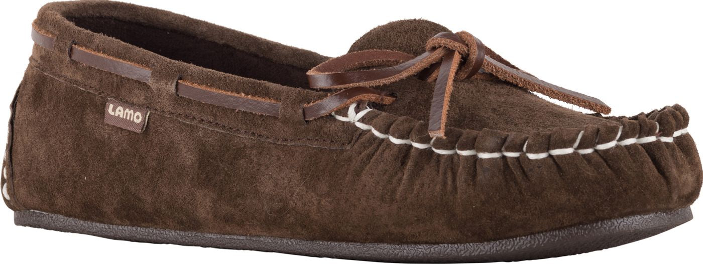 Brown moccasin slipper with brown leather laces and white stitching.