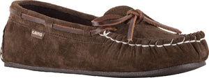 Brown moccasin slipper with brown leather laces and white stitching.