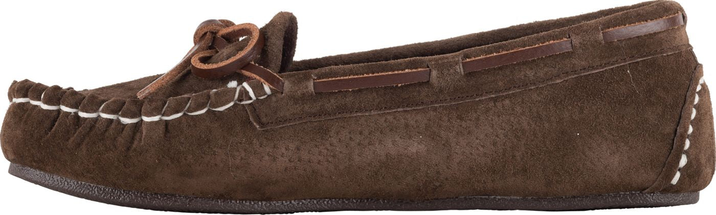 Brown moccasin slipper with leather laces.