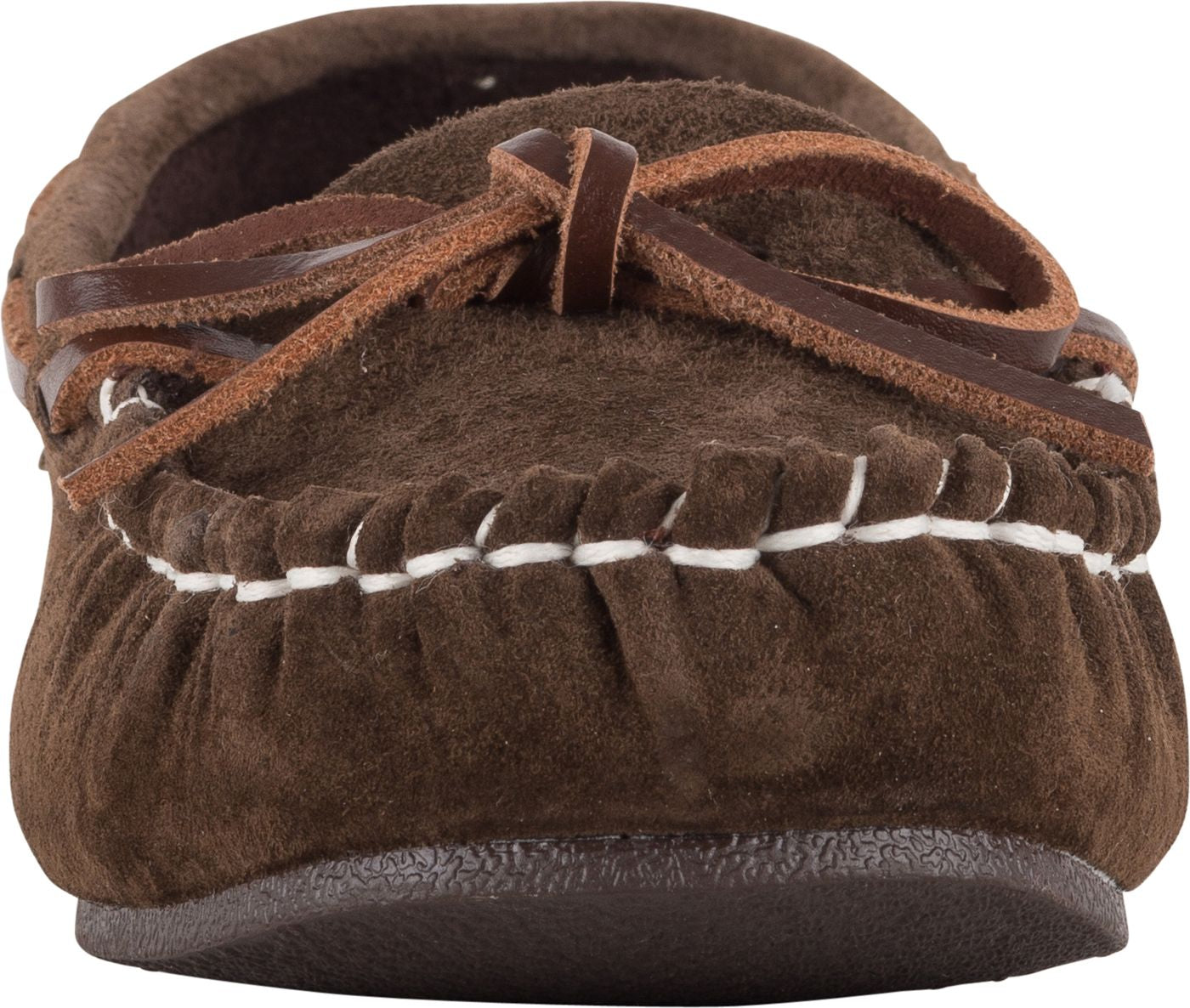Dark brown suede moccasin slipper with whipstitch detail and leather tie.
