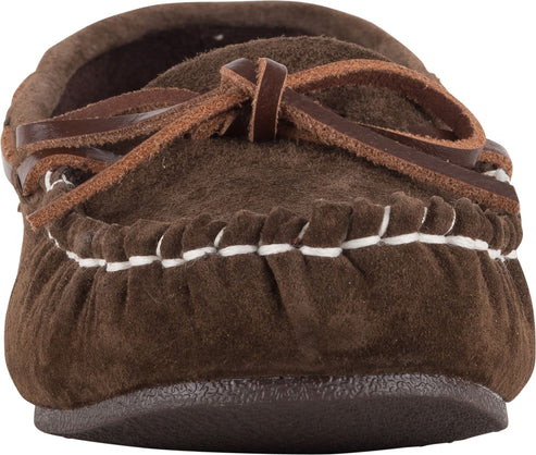 Dark brown suede moccasin slipper with whipstitch detail and leather tie.