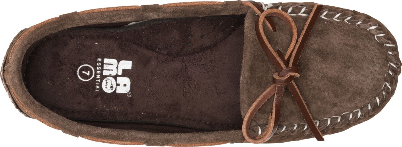 A brown moccasin with leather laces.