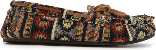 A moccasin-style slipper with a colorful, geometric pattern.