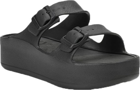 Black platform sandal with two buckled straps.