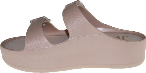light pink slide sandals with two straps and buckles