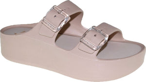 Tan platform sandal with two straps and transparent buckles.