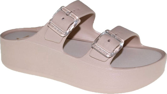 Tan platform sandal with two straps and transparent buckles.
