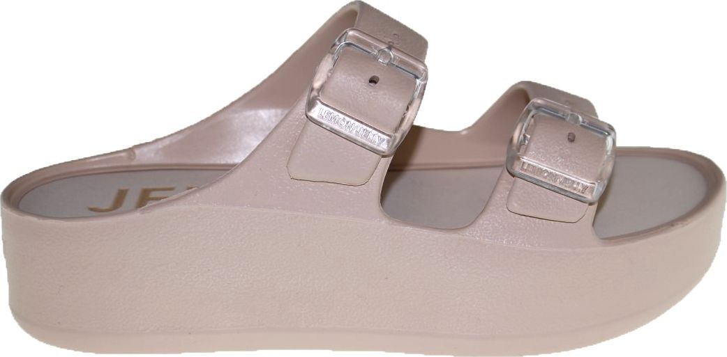 Beige platform sandals with two straps and clear square buckles.