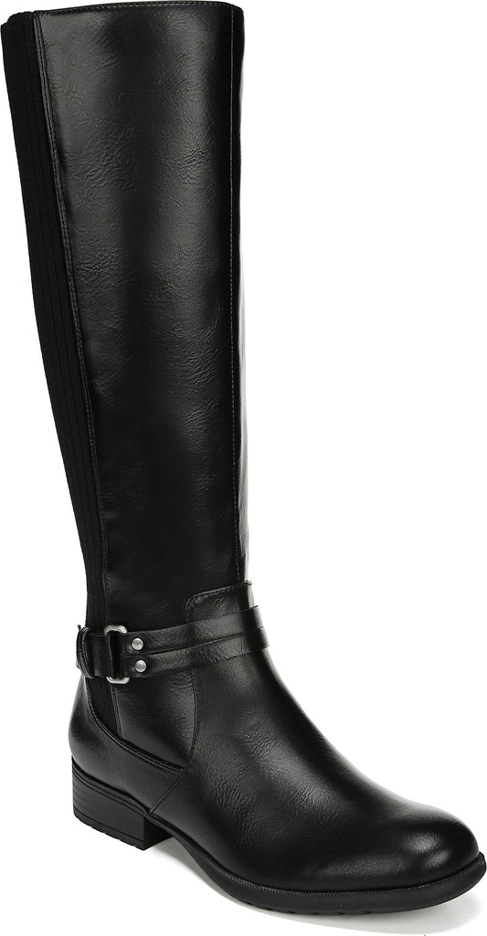 Knee-high black boot with an adjustable strap and buckle.