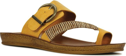 A sandal featuring a buckled strap and toe thong.