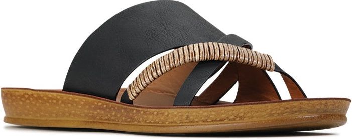 Black slide sandal with a wide strap and a woven accent.