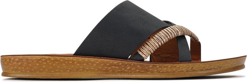 A sandal with a black strap across the top of the foot and a toe loop, with a beige woven detail.