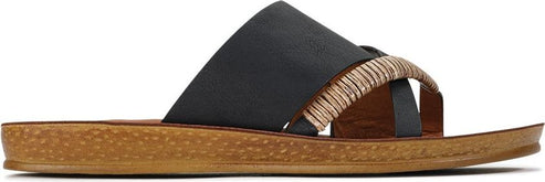 A sandal with a black strap across the top of the foot and a toe loop, with a beige woven detail.