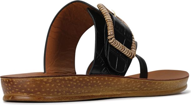 Right-side view of black leather toe-thong sandal with a circular buckle accent.