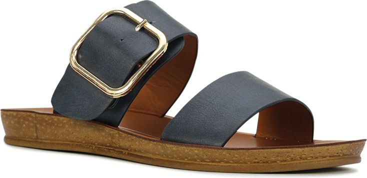 A sandal with two straps and a gold buckle.