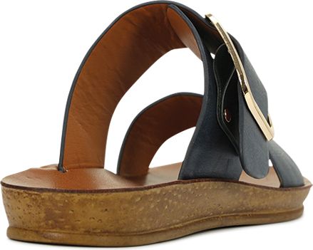 Navy blue leather sandals with gold buckle and a wood-look sole.