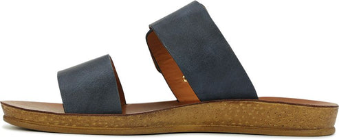 Side view of a blue slide sandal with two straps and a brown sole.