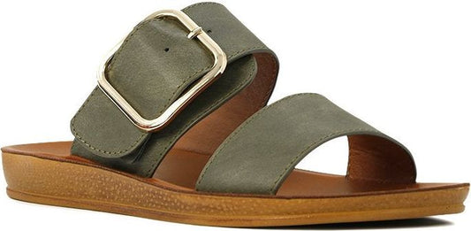 A pair of green slide sandals with a buckle.