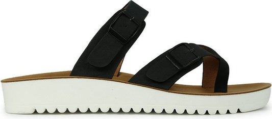 Black sandal with toe loop and buckle strap on white platform sole.