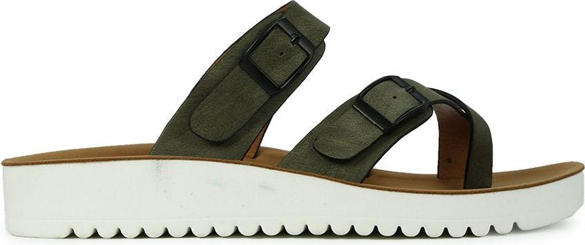 Olive-green sandals with adjustable buckled straps and a thick white platform sole.