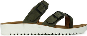 Olive-green sandals with adjustable buckled straps and a thick white platform sole.