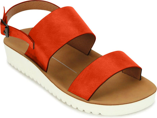 Orange platform sandal with two straps and ankle strap.