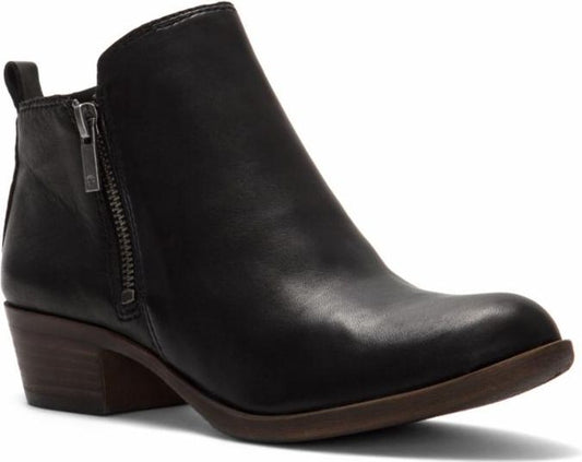 Black leather ankle boot with side zipper and short heel.