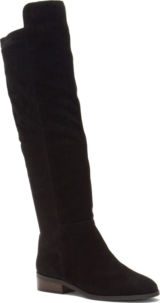 Knee-high black suede boot with a slight heel.