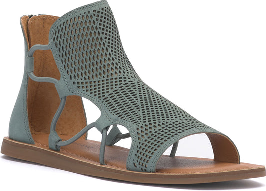 Open-toe, teal gladiator sandal with perforated pattern and back zipper.